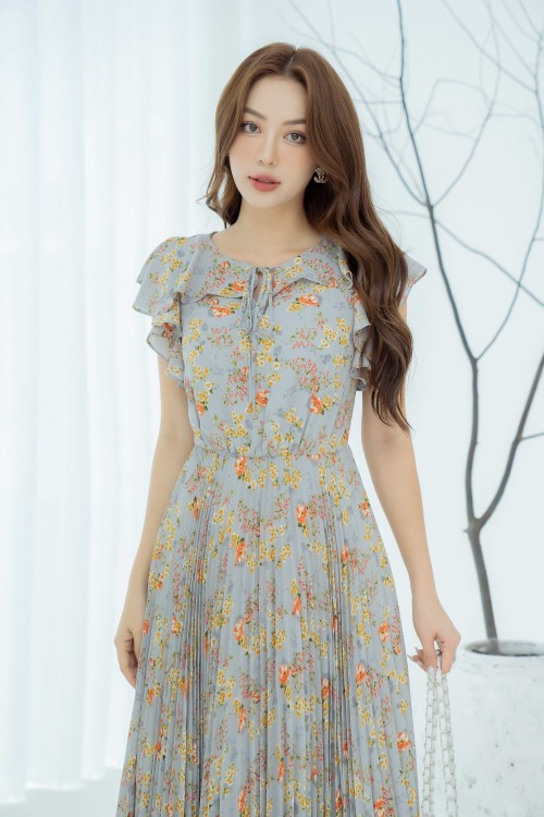 Sixdo Grey Floral Maxi Chiffon Dress